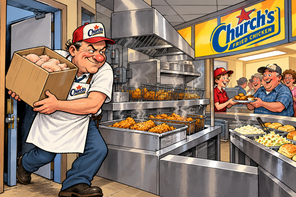 restaurant manager carrying grocery-store chicken into a fried-chicken restaurant while a bowl of mashed potatoes sits nearby.